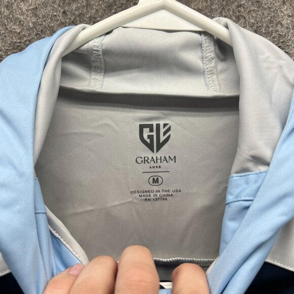 Graham Luxe Hooded Jacket Men Medium Navy Blue Light Gray Windbreaker Full Zip - Picture 9 of 11